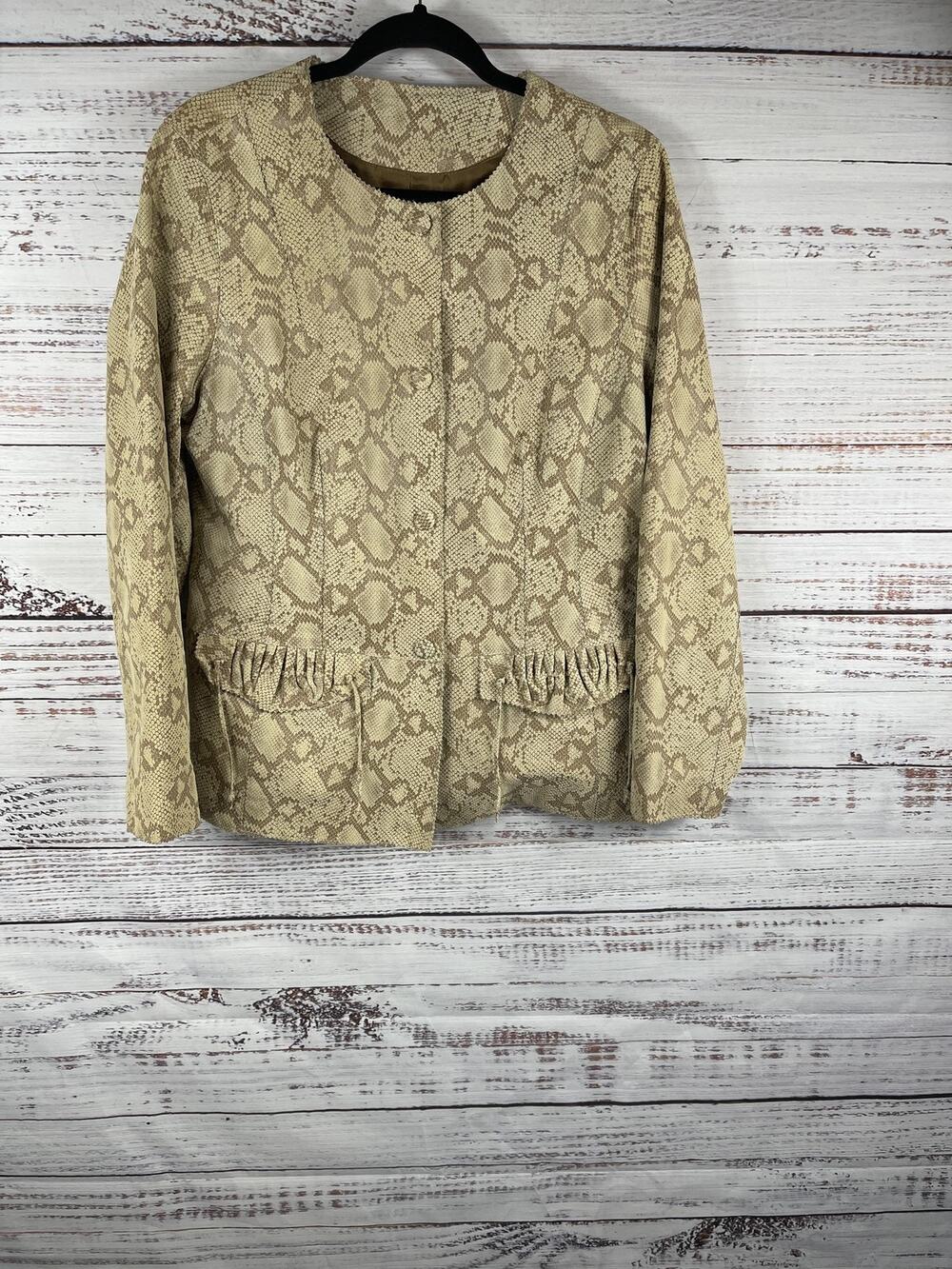 Chi By Falchi Jacket Women's Large Beige Snake Leather Button Front Collarless
